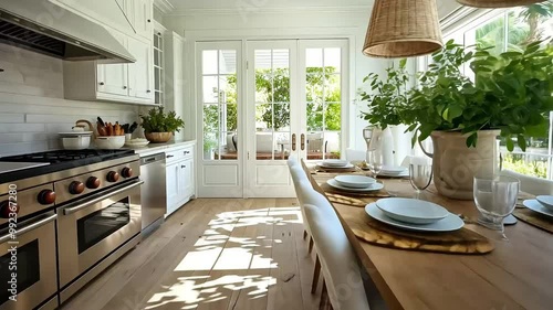 Bright kitchen with a farmhouse dining table, wood floors, and white cabinets, with French doors leading to a backyard.