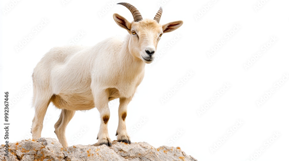 Majestic Mountain Goat Standing on Rocky Terrain Against a Pristine White Background Majestic Mountain Goat Standing on Rocky Terrain Against a Pristine White Background