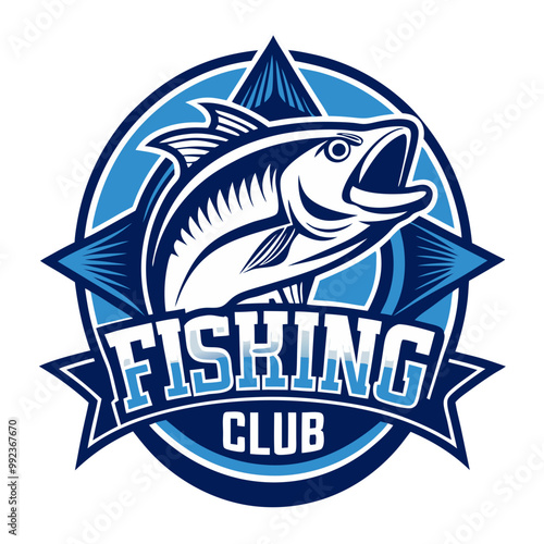 Fishing Club Logo:  A vibrant blue and white logo design featuring a leaping fish, a star, and a banner reading "Fishing Club." Perfect for a fishing club, tournament, or event.  