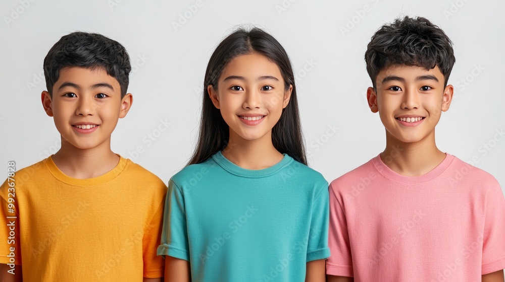 Happy Middle Class Family Children Smiling in Colorful Clothing Against a White Background Happy Middle Class Family Children Smiling in Colorful Clothing Against a White Background