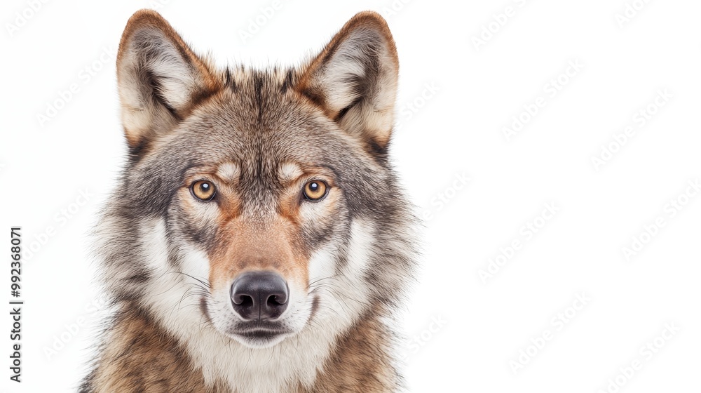 Close-Up Portrait of a Majestic Wolf on a White Background, Showcasing the Animal's Intense Gaze and Detailed Fur Texture Close-Up Portrait of a Majestic Wolf on a White Background, Showcasing the Animal's Intense Gaze and Detailed Fur Texture