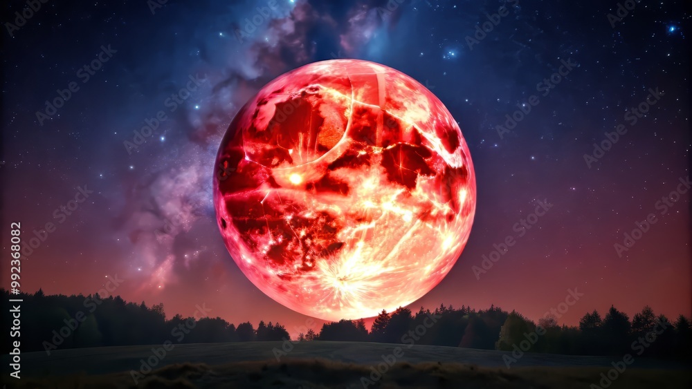 Moon fully immersed in Earth's shadow, with a bright, crimson-hued disc against a dark, star-filled sky. Moon fully immersed in Earth's shadow, with a bright, crimson-hued disc against a dark, star-filled sky.