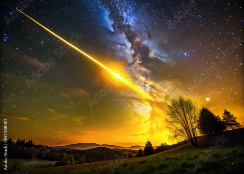 A stunning image of a single Quadrantid meteor streaking across the sky, its path illuminated by a vibrant yellow glow, leaving a trail of sparks in its wake. photo