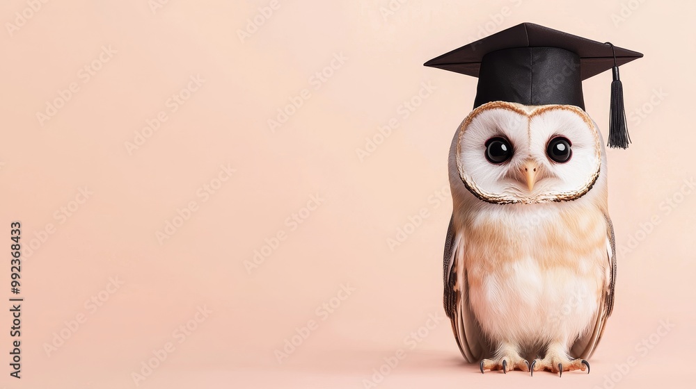 Fototapeta premium Cute Owl Wearing Graduation Cap on Pastel Background - Adorable Animal in Academic Attire