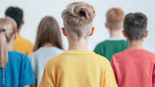 Back View of Diverse Middle Class Children Standing in a Row Wearing Colorful Clothing