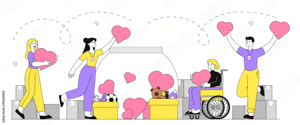 Volunteers with hearts. Men and women with hearts in their hands. Charity, generosity and kindness. Charity fund activists. Linear vector illustration Volunteers with hearts. Men and women with hearts in their hands. Charity, generosity and kindness. Charity fund activists. Linear vector illustration