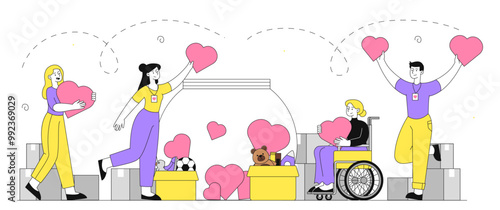 Volunteers with hearts. Men and women with hearts in their hands. Charity, generosity and kindness. Charity fund activists. Linear vector illustration