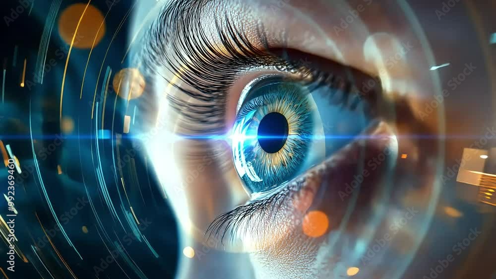 Close-up of a blue eye with a futuristic digital effect. Close-up of a blue eye with a futuristic digital effect.