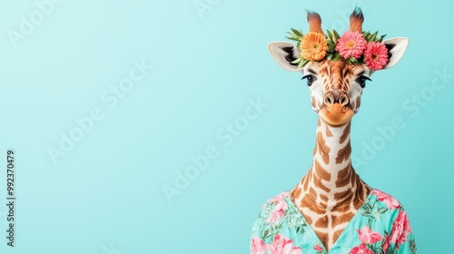 Giraffe Wearing Floral Shirt and Flower Crown on Pastel Blue Background - Whimsical Animal Fashion Concept