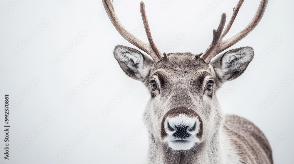 Close-Up Portrait of a Majestic Reindeer with Antlers on a White Background Close-Up Portrait of a Majestic Reindeer with Antlers on a White Background