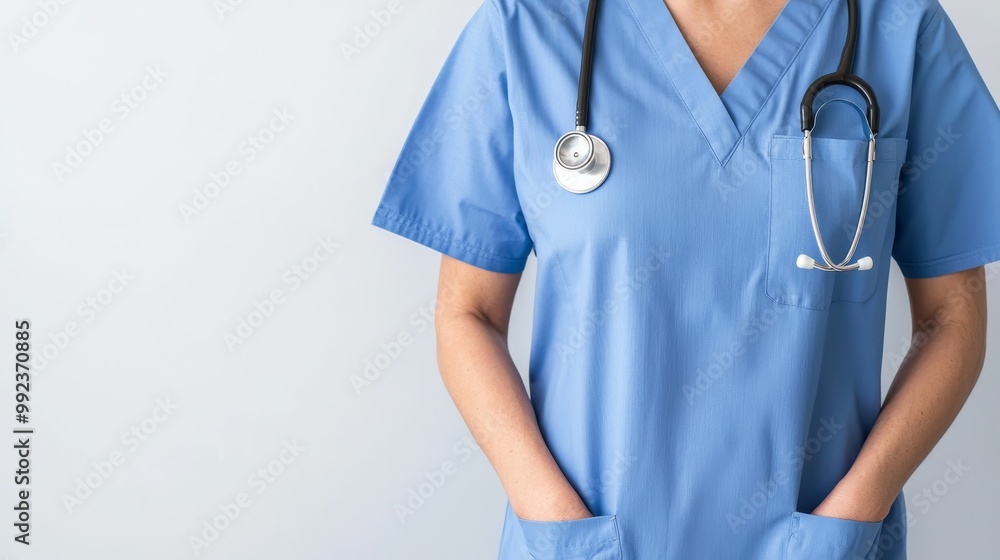 Medical Professional in Blue Scrubs with Stethoscope - Health Care and Nursing Concept Medical Professional in Blue Scrubs with Stethoscope - Health Care and Nursing Concept