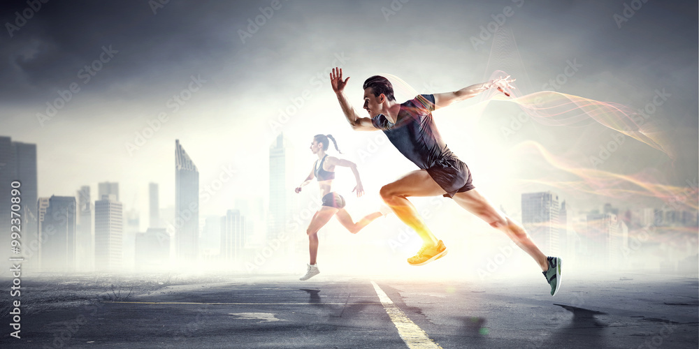 Man in sportwear running. Mixed media Man in sportwear running. Mixed media