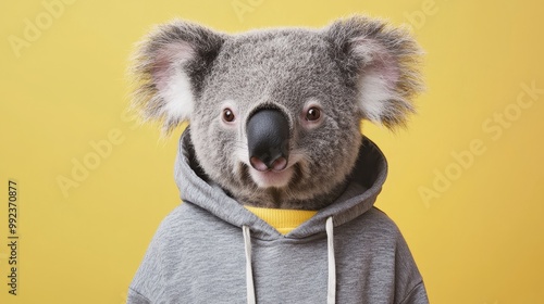 Cute Koala Wearing a Hoodie on a Pastel Yellow Background - Adorable Animal Fashion Concept photo