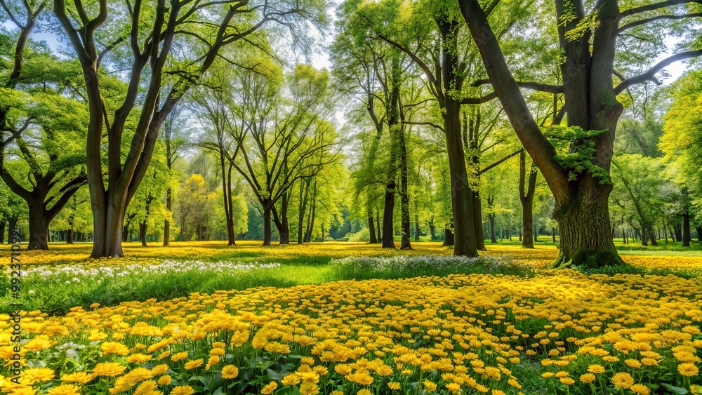A vibrant meadow bathed in sunlight, showcasing a mesmerizing carpet of yellow wildflowers under the dappled shade of towering trees A vibrant meadow bathed in sunlight, showcasing a mesmerizing carpet of yellow wildflowers under the dappled shade of towering trees