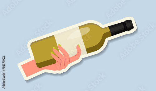 Wine festival sticker. Hand with bottle of wine. Winery and winemaking, vineyard. Alcoholic drinks and beverages. Poster or banner. Flat vector illustration