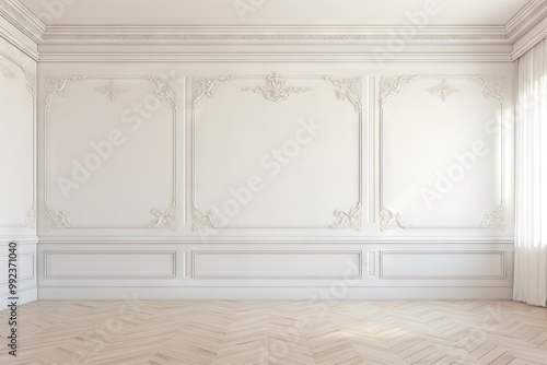 Empty white room with white wall decorated with plaster moldings and wooden floor. Studio or office blank space. Empty template for interior product. Background for branding design showcase