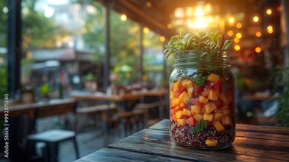Jackfruit quinoa salad presented mason jar a sunlit terrace in a hipster cafe with succulents and reclaimed wood furniture creating a trendy ecofriendly vibe Scientific name Artocarpus heterophyllus Jackfruit quinoa salad presented mason jar a sunlit terrace in a hipster cafe with succulents and reclaimed wood furniture creating a trendy ecofriendly vibe Scientific name Artocarpus heterophyllus