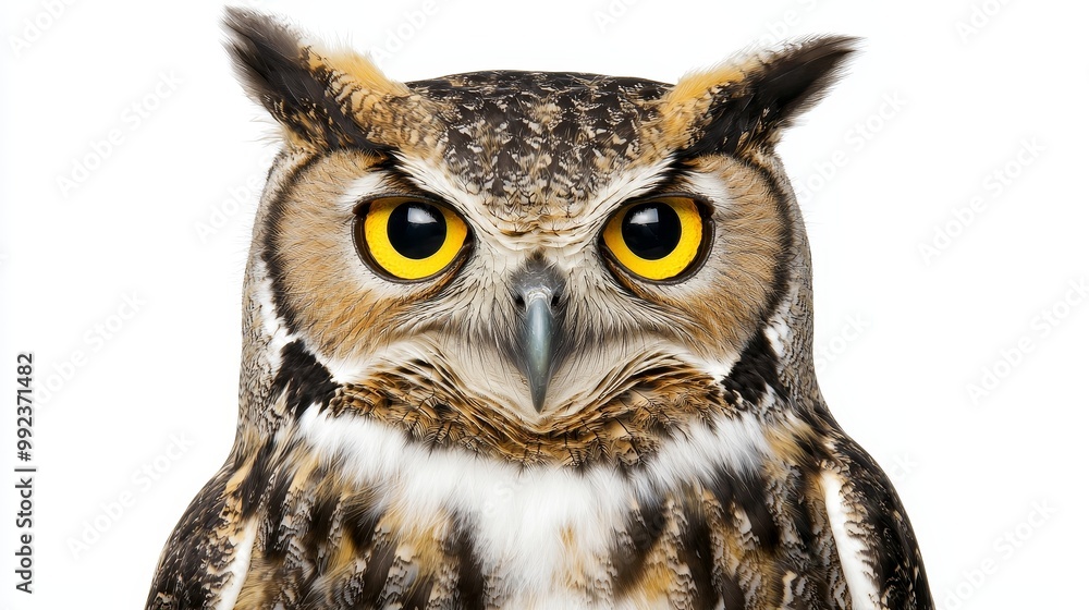 Obraz premium Close-up Portrait of a Majestic Owl with Bright Yellow Eyes on a White Background
