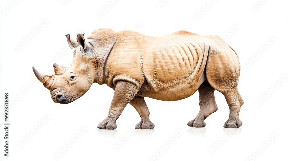 Fototapeta premium Majestic Rhinoceros on White Background - Wildlife Animal Stock Photo for Nature and Conservation Projects