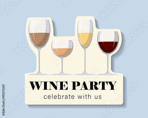 Wine festival sticker. Glasses of wine. Winery and winemaking, vineyard. Alcoholic drinks and beverages. Social media stickers. Flat vector illustration