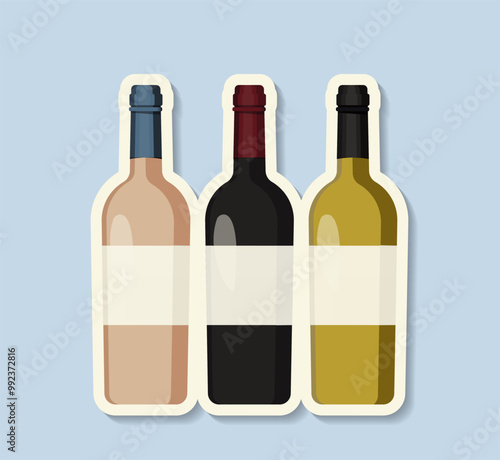 Wine festival sticker. Bottles of wine. Winery and winemaking, vineyard. Alcoholic drinks and beverages. Template and layout. Flat vector illustration