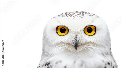 Close-up of a Snowy Owl with Bright Yellow Eyes on a White Background - Perfect for Wildlife and Nature Themes