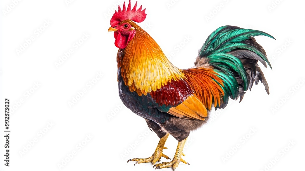 Fototapeta premium Vibrant Rooster Standing on White Background with Colorful Feathers and Detailed Plumage