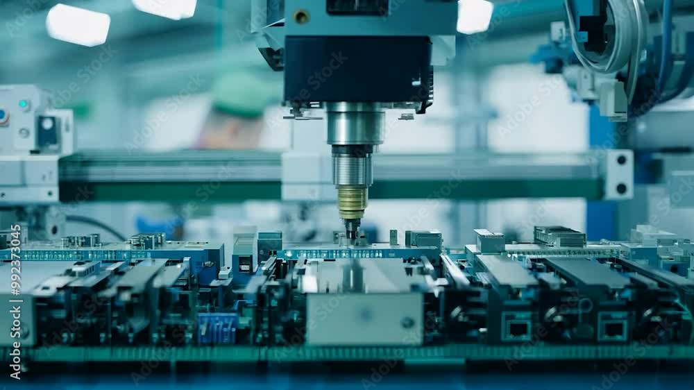 A precision machine is engaged in assembling components on a circuit board within a high-tech manufacturing environment during daylight hours A precision machine is engaged in assembling components on a circuit board within a high-tech manufacturing environment during daylight hours