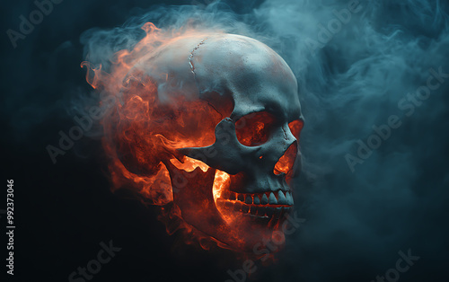 No Smoking Concept: Human Skull with Smoke on Dark Background