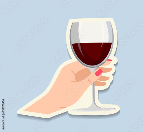 Wine festival sticker. Hand with glass of wine. Winery and winemaking, vineyard. Alcoholic drinks and beverages. Template and layout. Flat vector illustration