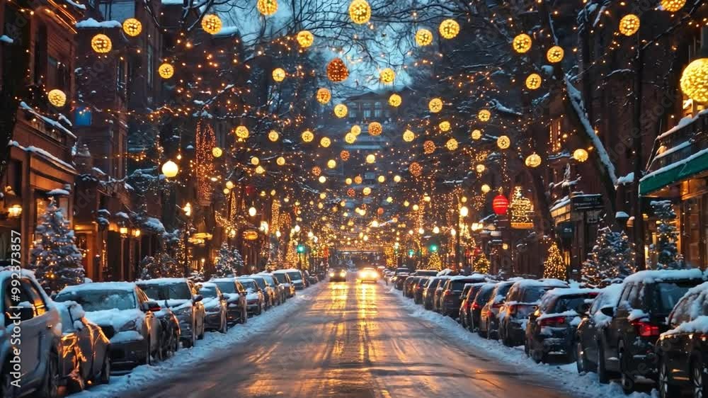 A snowy street illuminated by vibrant holiday lights, with parked cars lining both sides and trees adorned with festive decorations. A snowy street illuminated by vibrant holiday lights, with parked cars lining both sides and trees adorned with festive decorations.