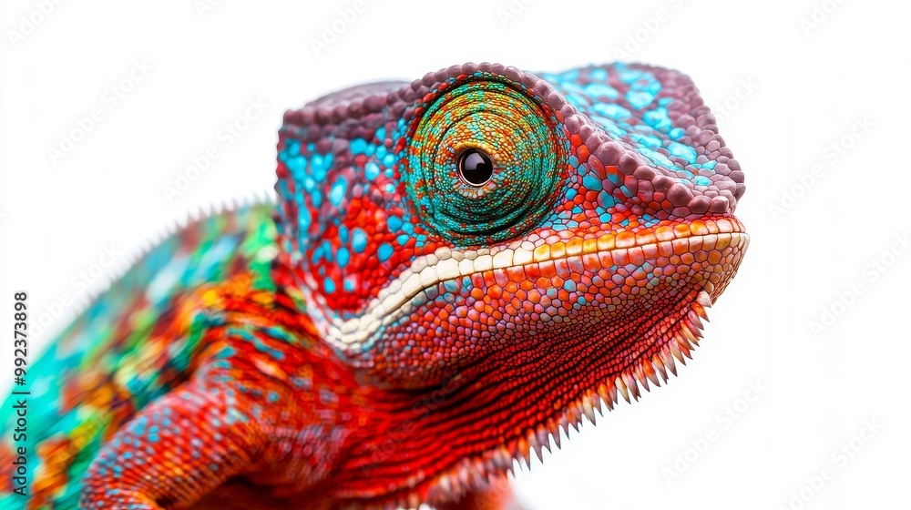 Vibrant Colorful Chameleon on White Background - Close-Up of Exotic Reptile with Detailed Skin Texture and Bright Colors Vibrant Colorful Chameleon on White Background - Close-Up of Exotic Reptile with Detailed Skin Texture and Bright Colors
