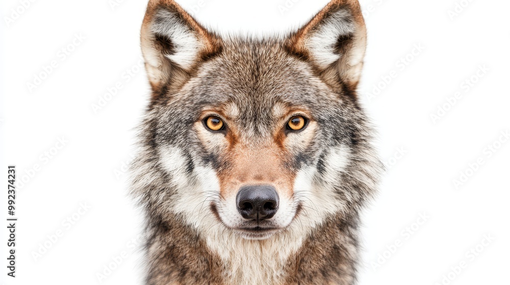 Close-Up Portrait of a Majestic Wolf with Intense Eyes on a White Background Close-Up Portrait of a Majestic Wolf with Intense Eyes on a White Background