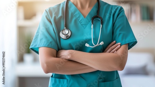 Confident Nurse in Scrubs with Stethoscope Providing Quality Health Care and Nursing Services