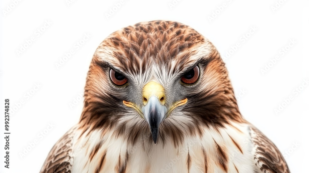 Fototapeta premium Close-Up Portrait of a Majestic Hawk with Intense Gaze on White Background