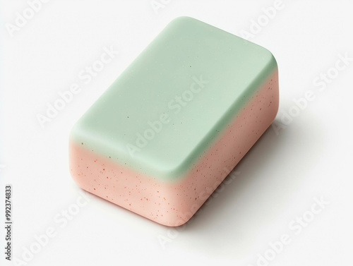 A pastel green and pink package-free soap bar, promoting zero-waste living, eco-friendly skincare, and sustainable beauty routines for a cleaner, greener future.