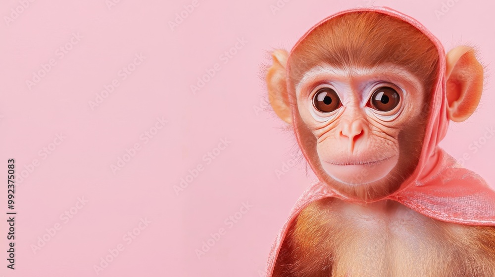 Cute Monkey Wearing a Pink Cape on Pastel Background - Adorable Animal Fashion Concept Cute Monkey Wearing a Pink Cape on Pastel Background - Adorable Animal Fashion Concept