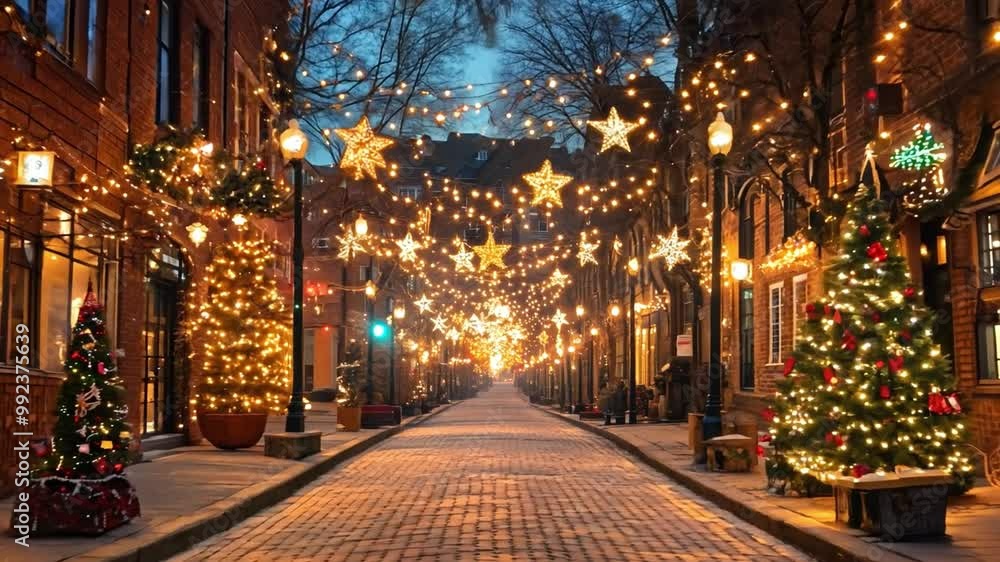 A beautifully lit street showcases twinkling stars and decorated Christmas trees, creating a magical atmosphere on a winter evening. A beautifully lit street showcases twinkling stars and decorated Christmas trees, creating a magical atmosphere on a winter evening.
