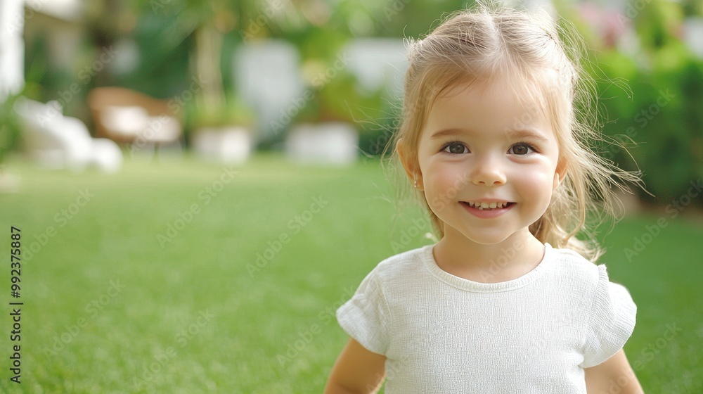 Happy Young Child in a Green Backyard - Middle Class Family Lifestyle and Outdoor Fun Happy Young Child in a Green Backyard - Middle Class Family Lifestyle and Outdoor Fun
