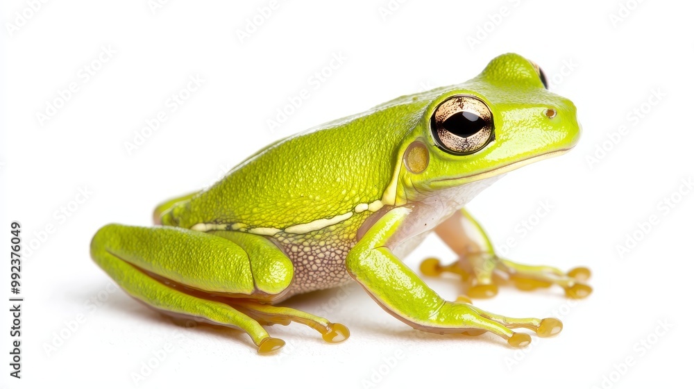 Bright Green Tree Frog on White Background - Close-Up of Vibrant Amphibian with Detailed Skin Texture and Clear Eyes Bright Green Tree Frog on White Background - Close-Up of Vibrant Amphibian with Detailed Skin Texture and Clear Eyes