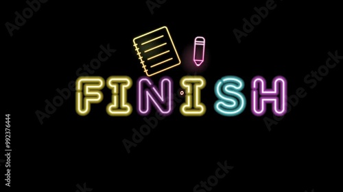 Finish text font with neon light animation suitable for Business Promotional Concept Motion Graphic, with green screen background, 4k video