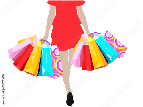 Woman Shopping on Spring Sale Season Vector Illustration. Cheerful excited shopper girl going on a shopping spree