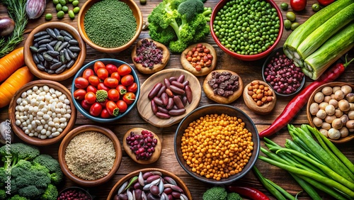 A vibrant and colorful display of various legumes, vegetables, and grains arranged on a rustic wooden surface, showcasing a diverse range of culinary ingredients for healthy and delicious meals.