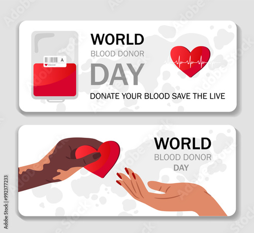 World blood donor day posters set. Hands with hearts. Generosity, kindness and charity. International holiday and festival 14 august. Flat vector collection