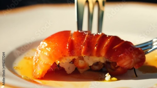 A beautifully cooked lobster tail, expertly garnished and partially sliced, rests on a white plate with a vibrant sauce, inviting the diner to enjoy this exquisite dish