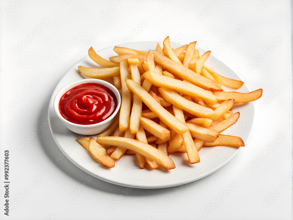 Plate of tasty french fries and ketchup on white background Plate of tasty french fries and ketchup on white background