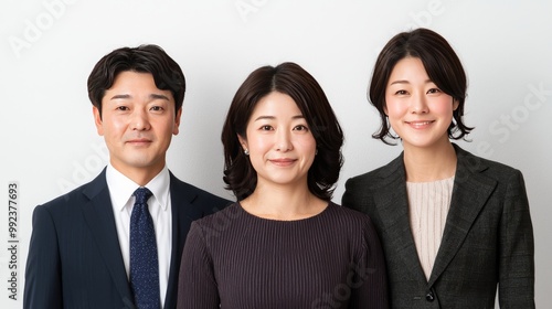 Portrait of a Happy Middle-Class Family in Formal Attire Standing Together Against a White Background