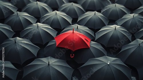 Red Umbrella in a Sea of Black