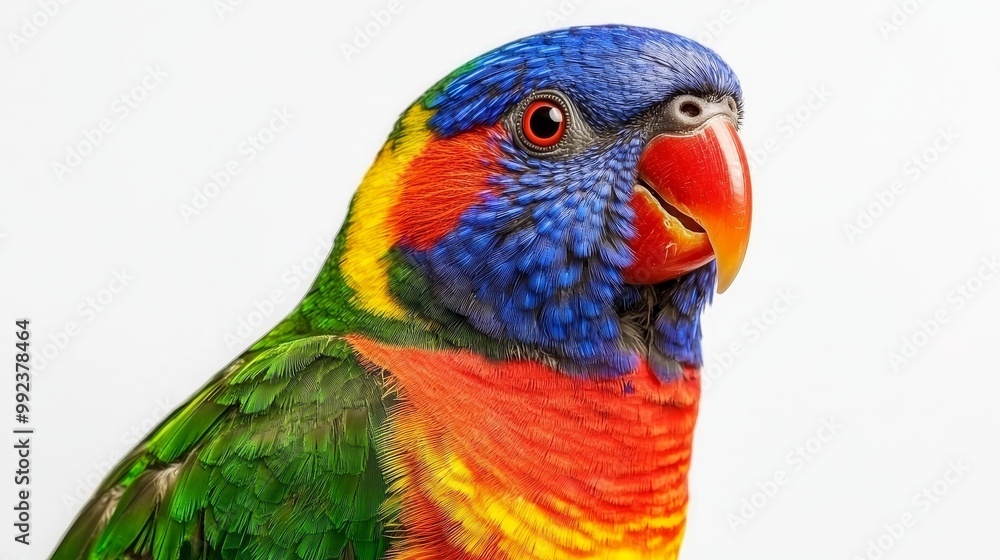 Fototapeta premium Vibrant Rainbow Lorikeet Parrot Close-Up on White Background - Colorful Exotic Bird with Bright Feathers
