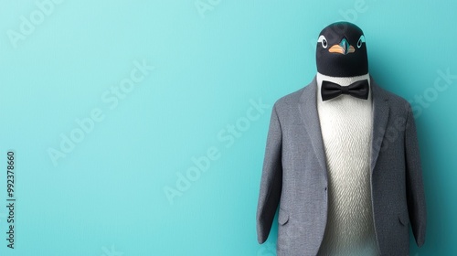 Penguin Wearing a Suit and Bow Tie on Pastel Background - Adorable Animal Fashion Concept photo